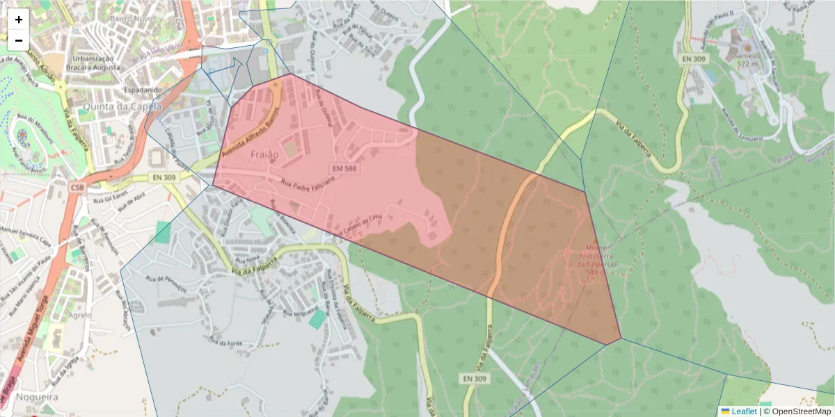 Mapa detalhado do código postal 4715-350 com limites, códigos postais vizinhos e agências dos correios