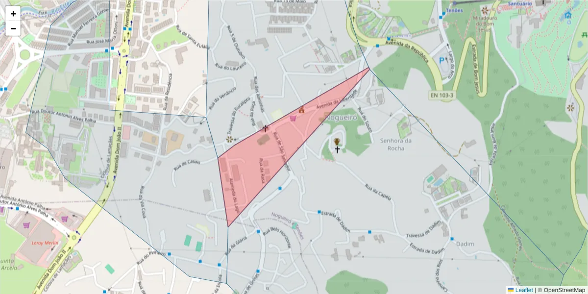 Mapa detalhado do código postal 4715-387 com limites, códigos postais vizinhos e agências dos correios