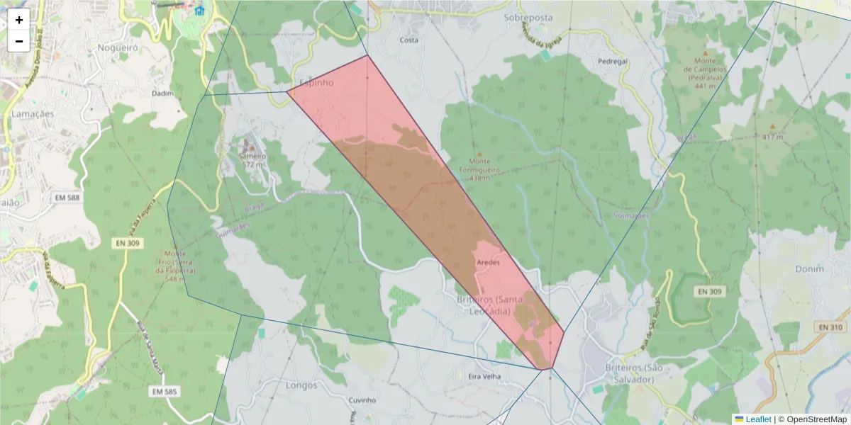 Mapa detalhado do código postal 4715-423 com limites, códigos postais vizinhos e agências dos correios