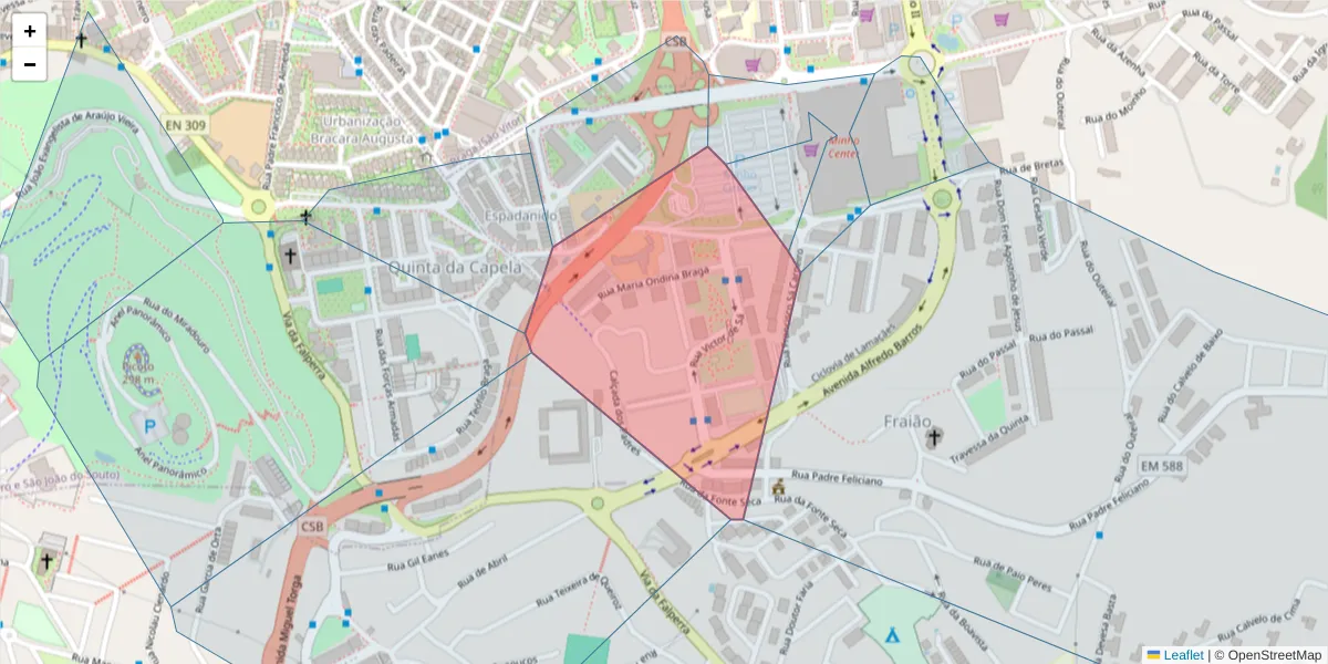 Mapa detalhado do código postal 4715-586 com limites, códigos postais vizinhos e agências dos correios