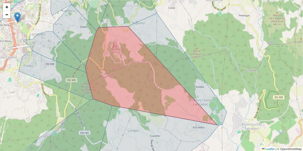 Mapa detalhado do código postal 4715-613 com limites, códigos postais vizinhos e agências dos correios