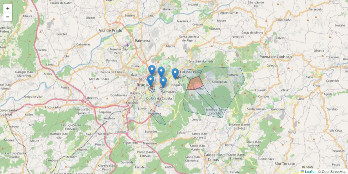 Mapa detalhado do código postal 4715 com limites, códigos postais vizinhos e agências dos correios
