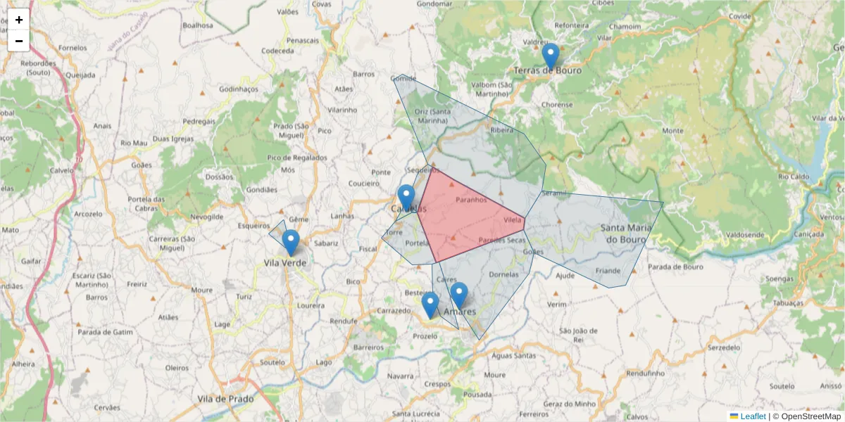 Mapa detalhado do código postal 4720-263 com limites, códigos postais vizinhos e agências dos correios