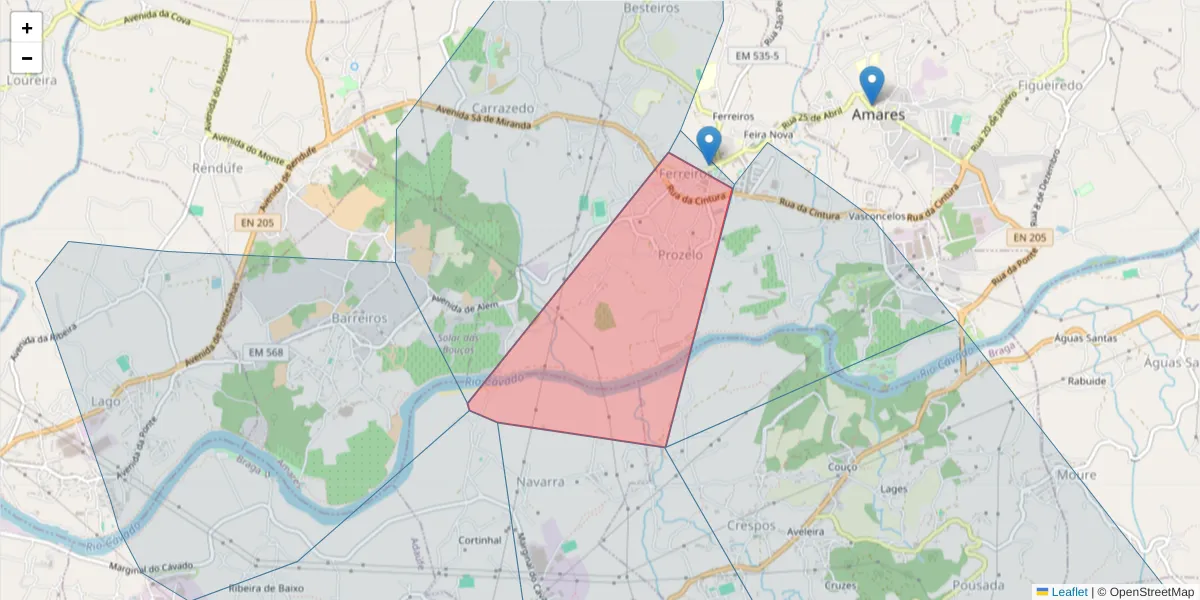 Mapa detalhado do código postal 4720-337 com limites, códigos postais vizinhos e agências dos correios