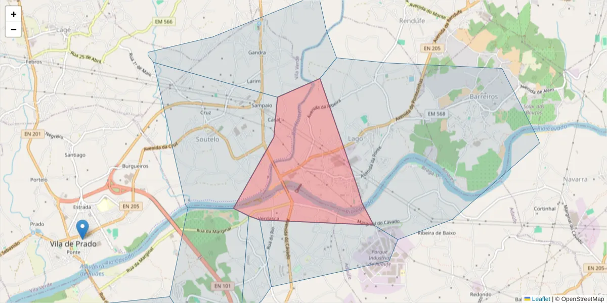 Mapa detalhado do código postal 4720-521 com limites, códigos postais vizinhos e agências dos correios