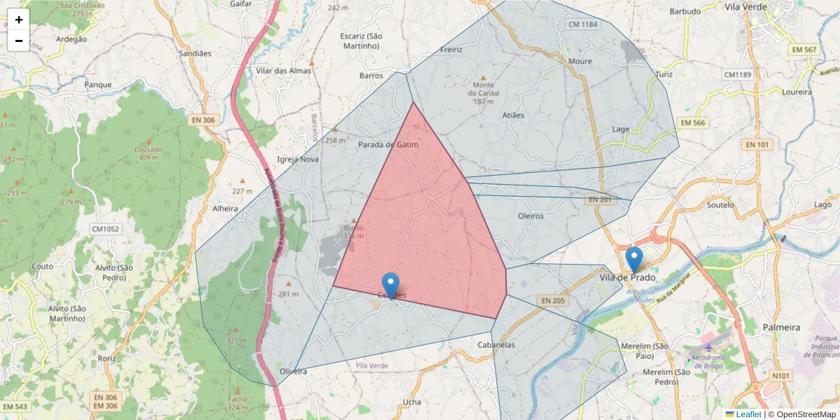 Mapa detalhado do código postal 4730-005 com limites, códigos postais vizinhos e agências dos correios
