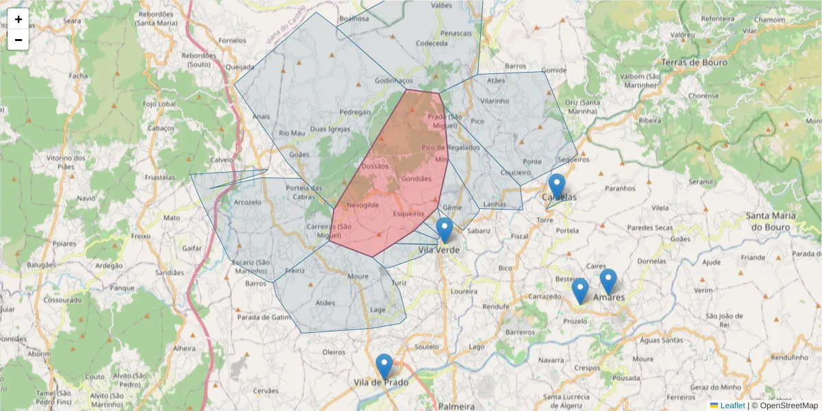 Mapa detalhado do código postal 4730-160 com limites, códigos postais vizinhos e agências dos correios