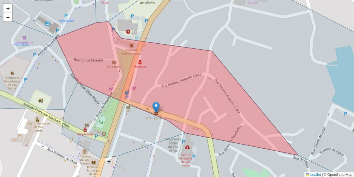 Mapa detalhado do código postal 4730-731 com limites, códigos postais vizinhos e agências dos correios