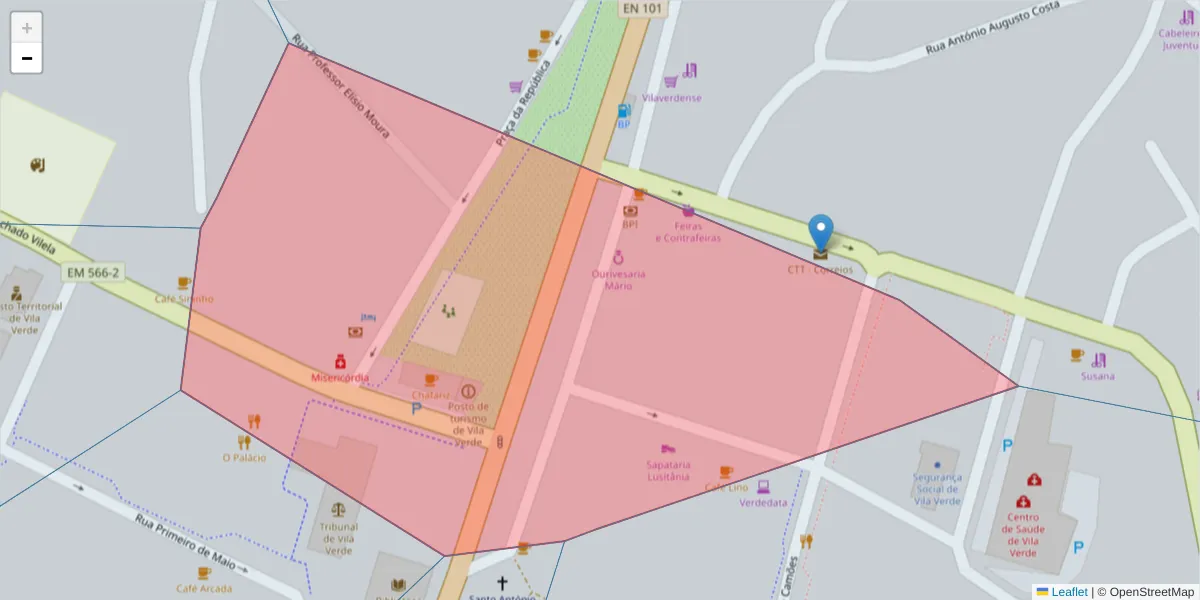 Mapa detalhado do código postal 4730-732 com limites, códigos postais vizinhos e agências dos correios