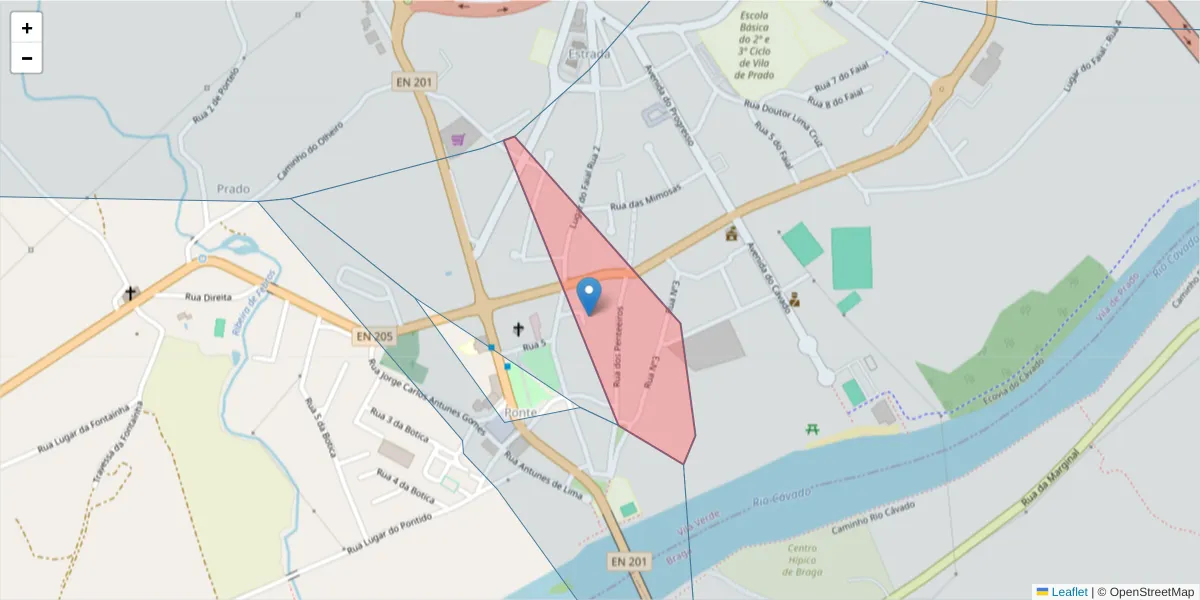 Mapa detalhado do código postal 4730-998 com limites, códigos postais vizinhos e agências dos correios