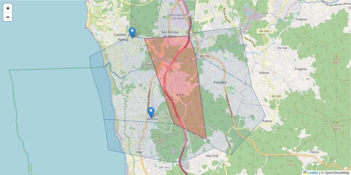 Mapa detalhado do código postal 4740-011 com limites, códigos postais vizinhos e agências dos correios