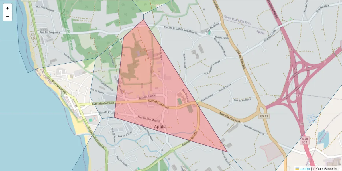 Mapa detalhado do código postal 4740-033 com limites, códigos postais vizinhos e agências dos correios