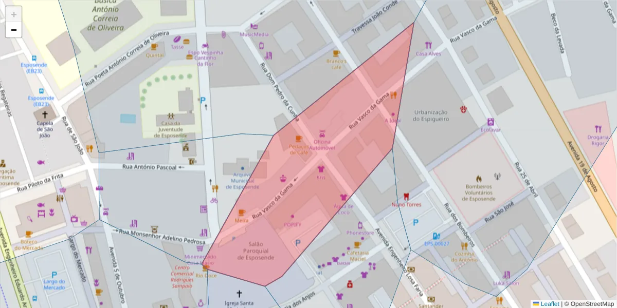 Mapa detalhado do código postal 4740-222 com limites, códigos postais vizinhos e agências dos correios