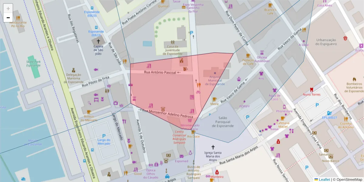 Mapa detalhado do código postal 4740-233 com limites, códigos postais vizinhos e agências dos correios