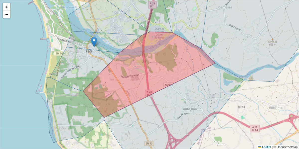 Mapa detalhado do código postal 4740-321 com limites, códigos postais vizinhos e agências dos correios