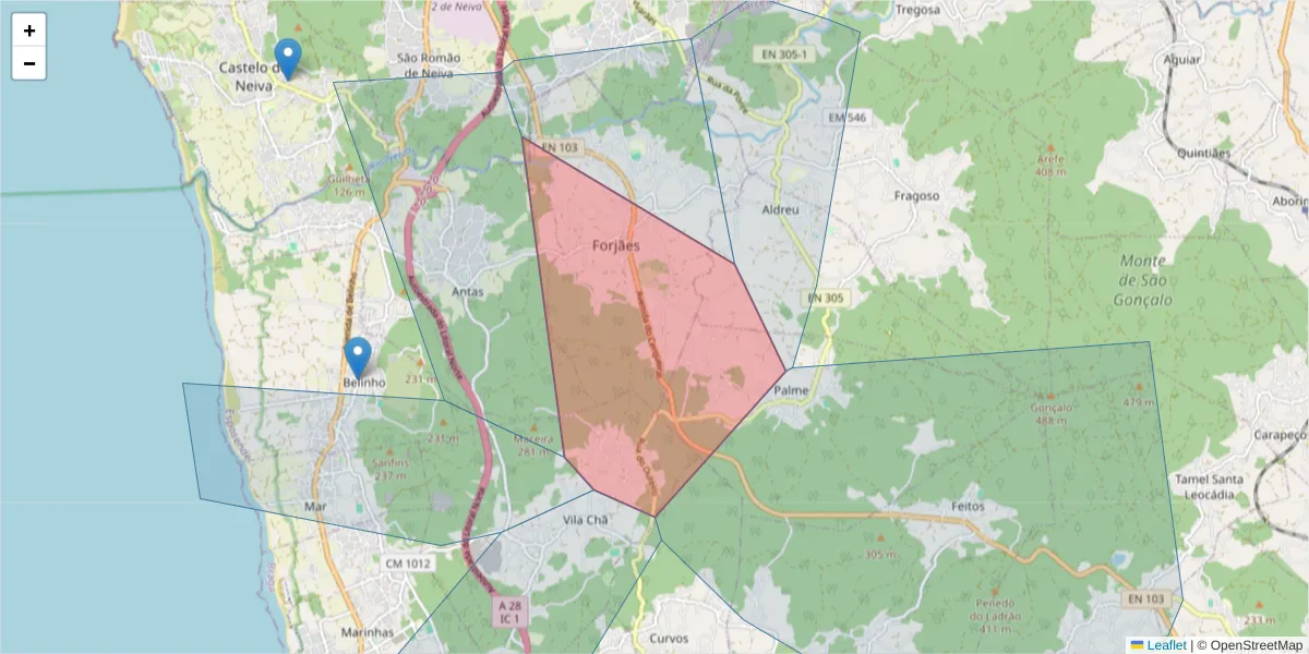 Mapa detalhado do código postal 4740-438 com limites, códigos postais vizinhos e agências dos correios