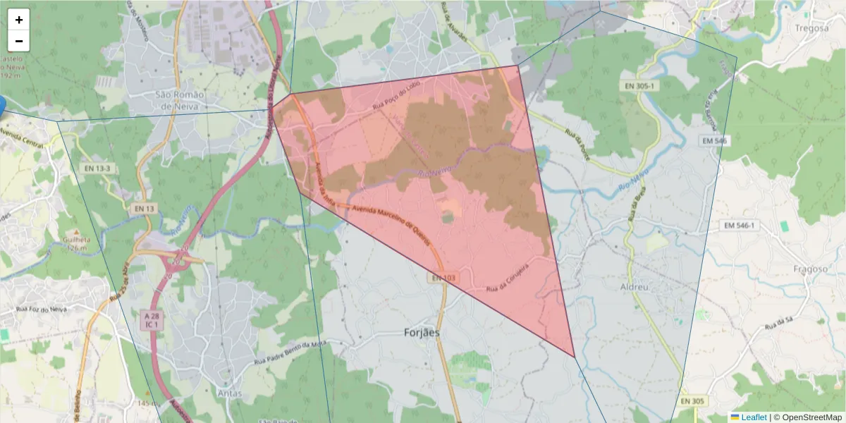 Mapa detalhado do código postal 4740-451 com limites, códigos postais vizinhos e agências dos correios