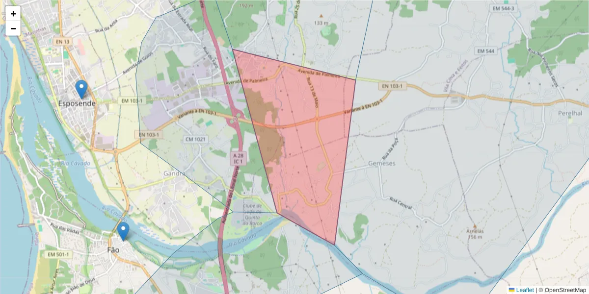 Mapa detalhado do código postal 4740-599 com limites, códigos postais vizinhos e agências dos correios