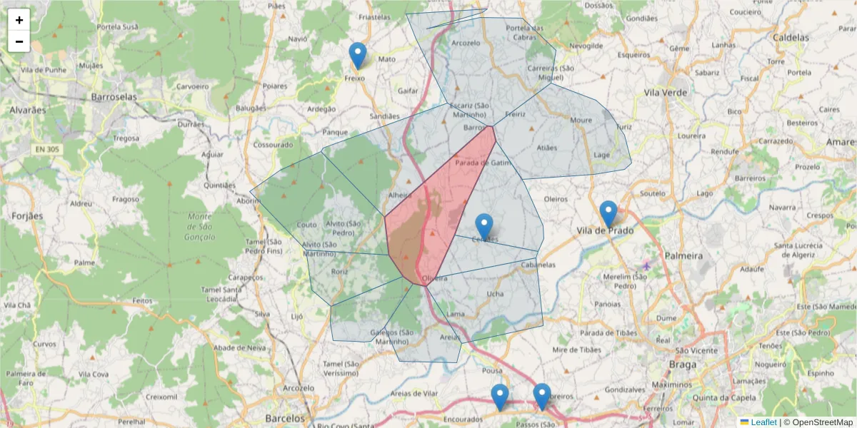 Mapa detalhado do código postal 4750-058 com limites, códigos postais vizinhos e agências dos correios