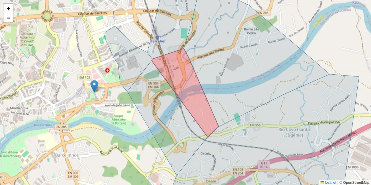 Mapa detalhado do código postal 4750-204 com limites, códigos postais vizinhos e agências dos correios