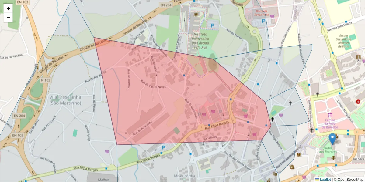 Mapa detalhado do código postal 4750-260 com limites, códigos postais vizinhos e agências dos correios