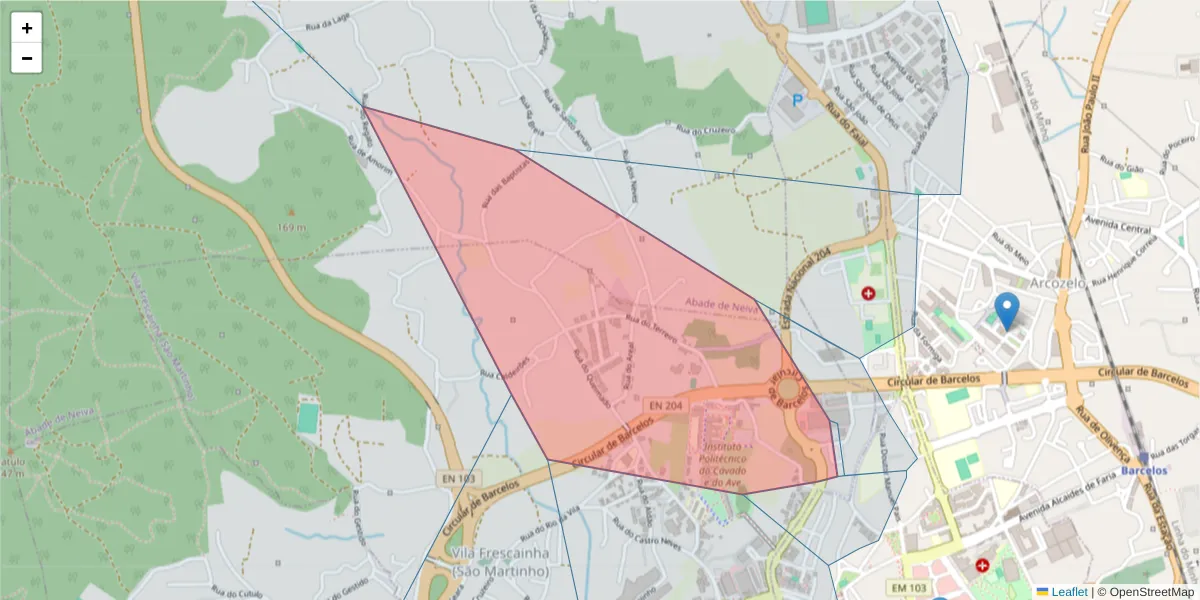 Mapa detalhado do código postal 4750-307 com limites, códigos postais vizinhos e agências dos correios
