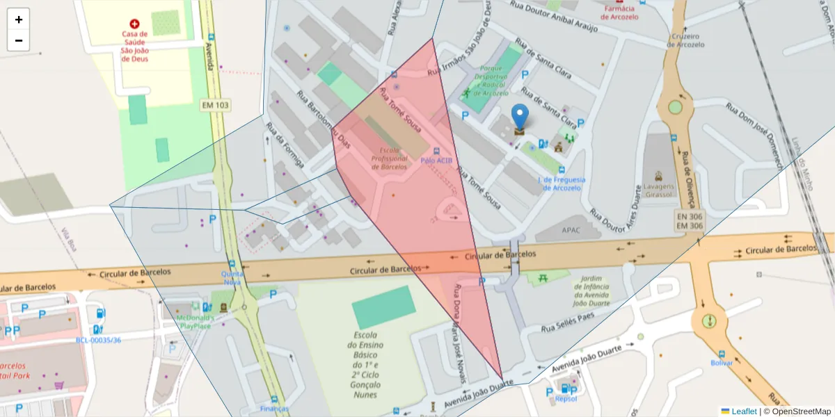 Mapa detalhado do código postal 4750-318 com limites, códigos postais vizinhos e agências dos correios
