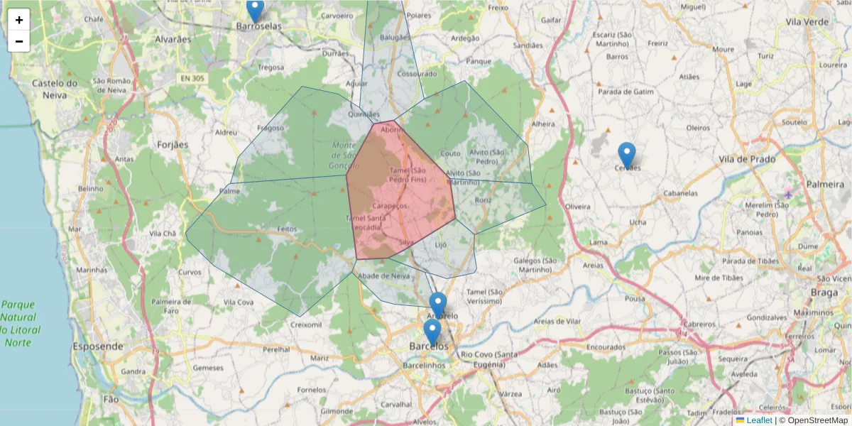 Mapa detalhado do código postal 4750-381 com limites, códigos postais vizinhos e agências dos correios