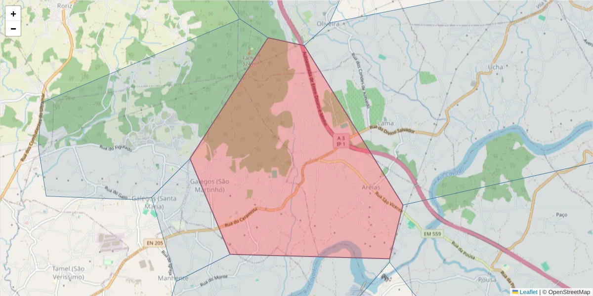 Mapa detalhado do código postal 4750-479 com limites, códigos postais vizinhos e agências dos correios