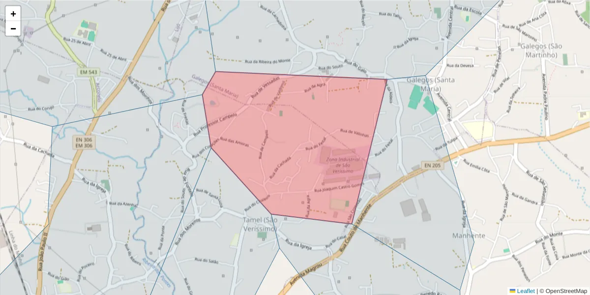 Mapa detalhado do código postal 4750-734 com limites, códigos postais vizinhos e agências dos correios