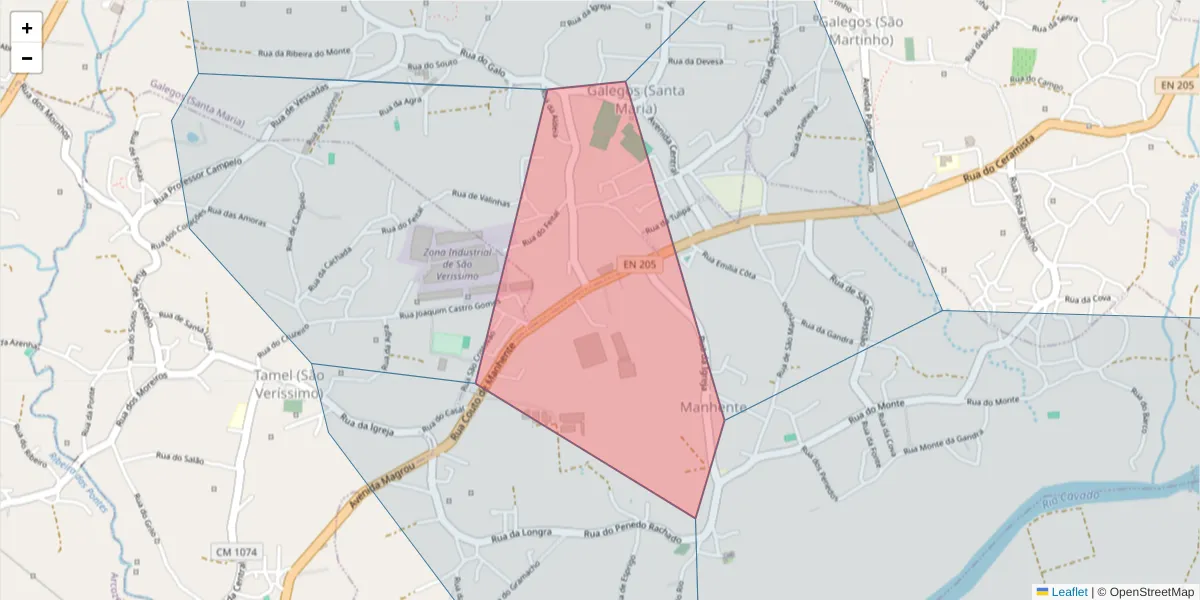 Mapa detalhado do código postal 4750-744 com limites, códigos postais vizinhos e agências dos correios