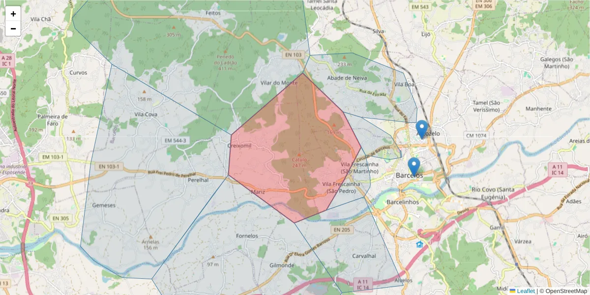 Mapa detalhado do código postal 4750-844 com limites, códigos postais vizinhos e agências dos correios