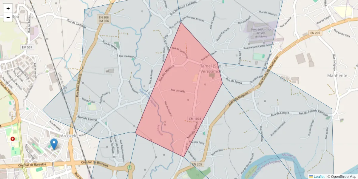 Mapa detalhado do código postal 4750-873 com limites, códigos postais vizinhos e agências dos correios
