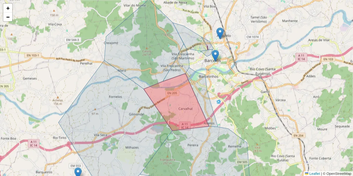 Mapa detalhado do código postal 4755-064 com limites, códigos postais vizinhos e agências dos correios