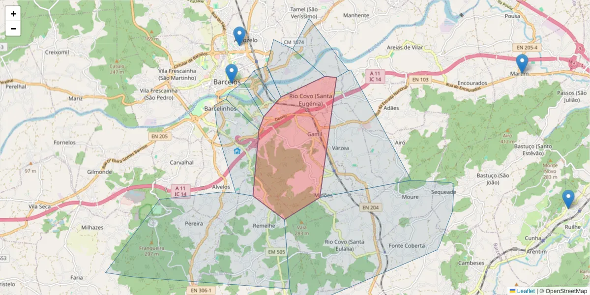 Mapa detalhado do código postal 4755-225 com limites, códigos postais vizinhos e agências dos correios
