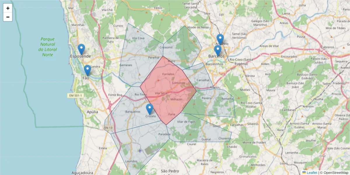 Mapa detalhado do código postal 4755-233 com limites, códigos postais vizinhos e agências dos correios