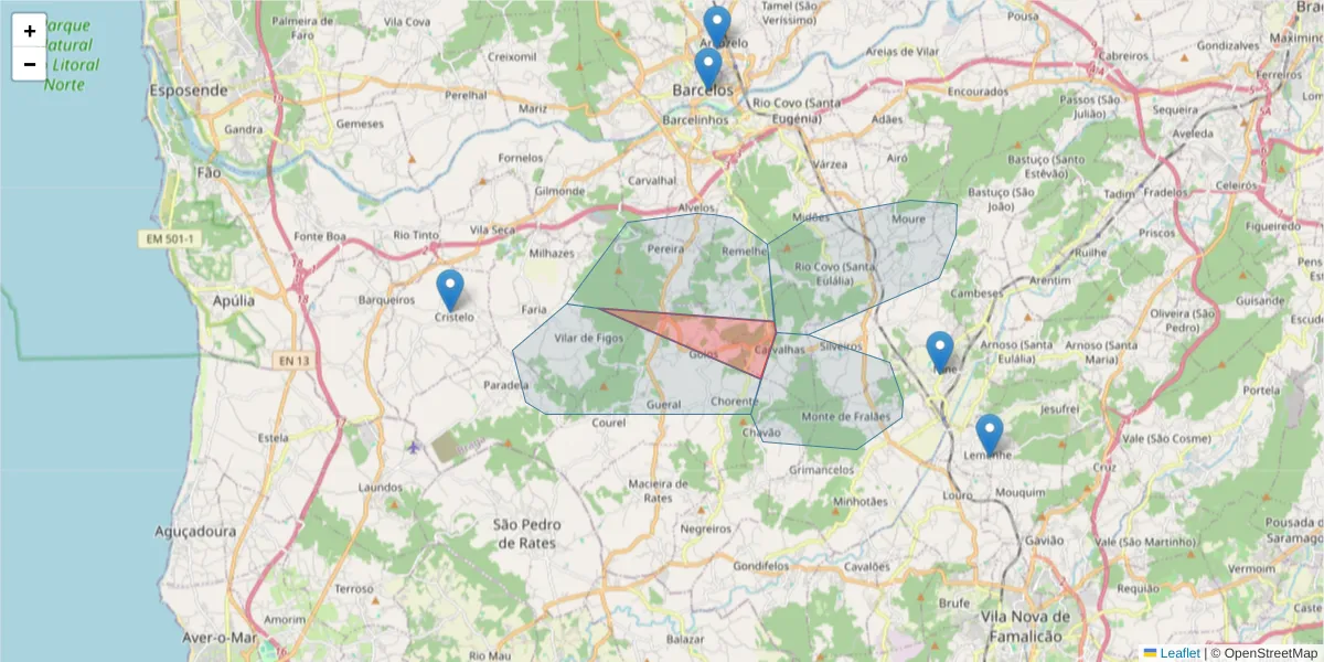 Mapa detalhado do código postal 4755-247 com limites, códigos postais vizinhos e agências dos correios