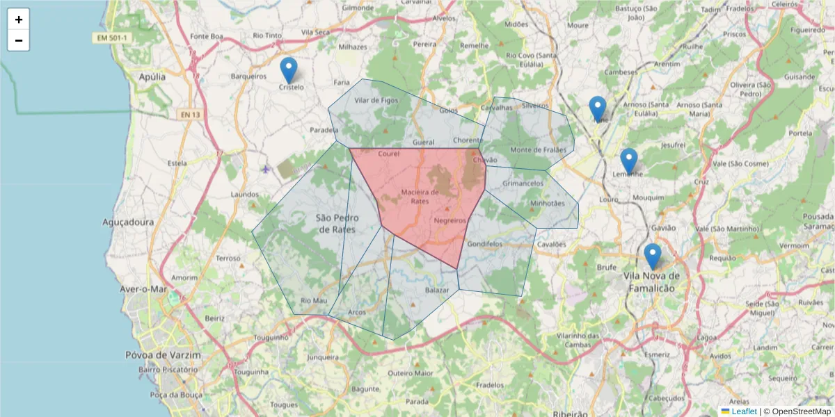 Mapa detalhado do código postal 4755-266 com limites, códigos postais vizinhos e agências dos correios