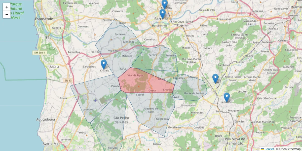 Mapa detalhado do código postal 4755-392 com limites, códigos postais vizinhos e agências dos correios