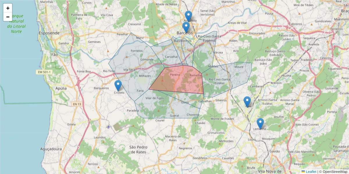 Mapa detalhado do código postal 4755-400 com limites, códigos postais vizinhos e agências dos correios