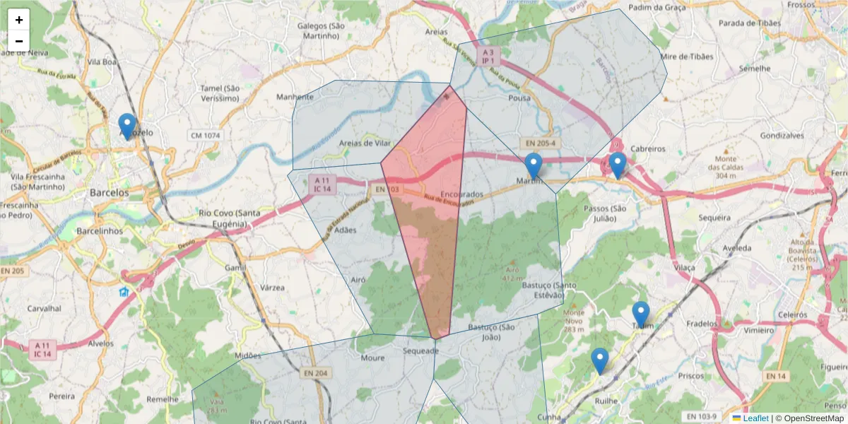 Mapa detalhado do código postal 4755-475 com limites, códigos postais vizinhos e agências dos correios