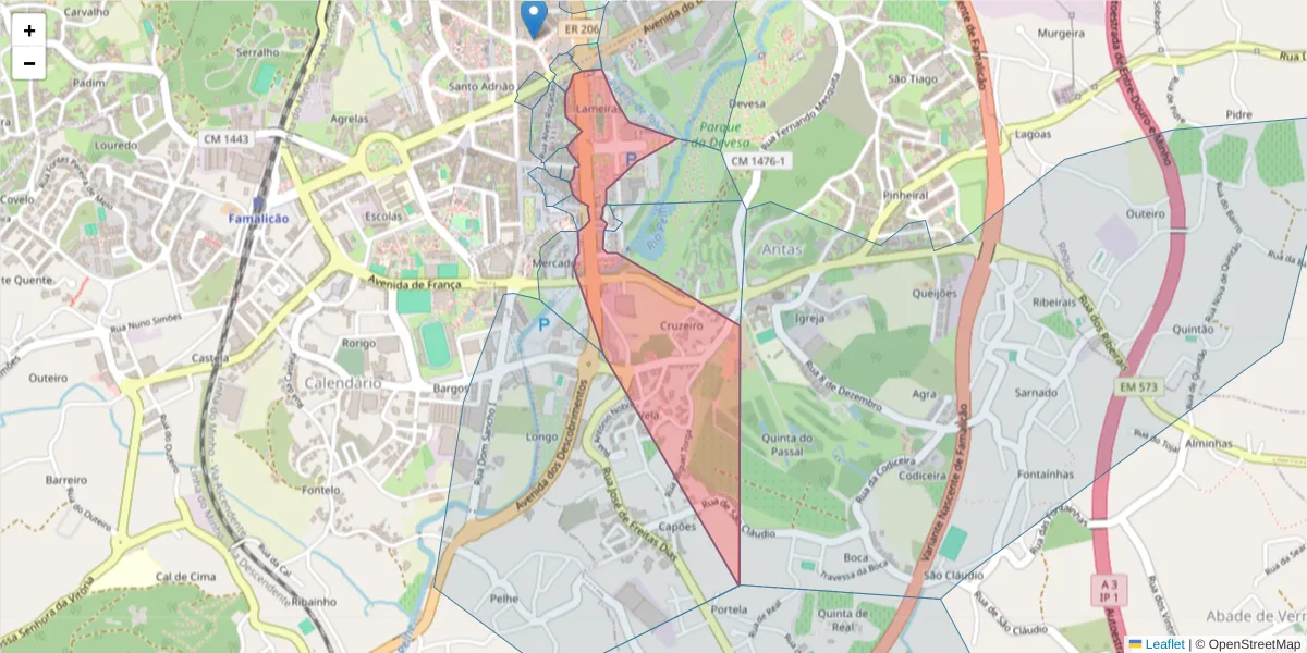Mapa detalhado do código postal 4760-012 com limites, códigos postais vizinhos e agências dos correios