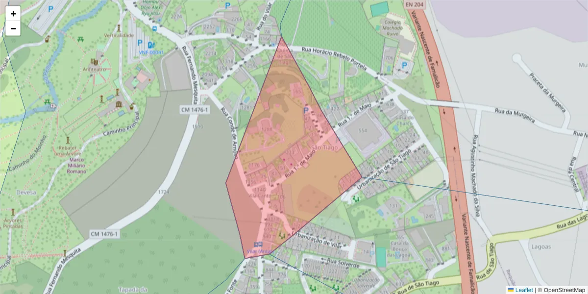 Mapa detalhado do código postal 4760-015 com limites, códigos postais vizinhos e agências dos correios