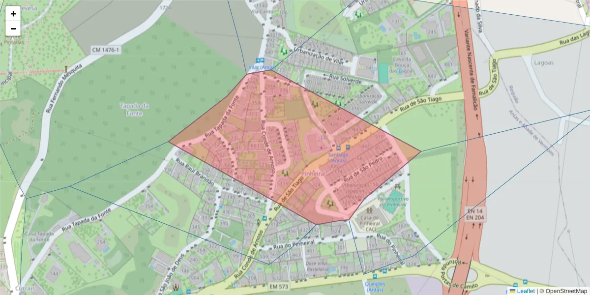 Mapa detalhado do código postal 4760-028 com limites, códigos postais vizinhos e agências dos correios