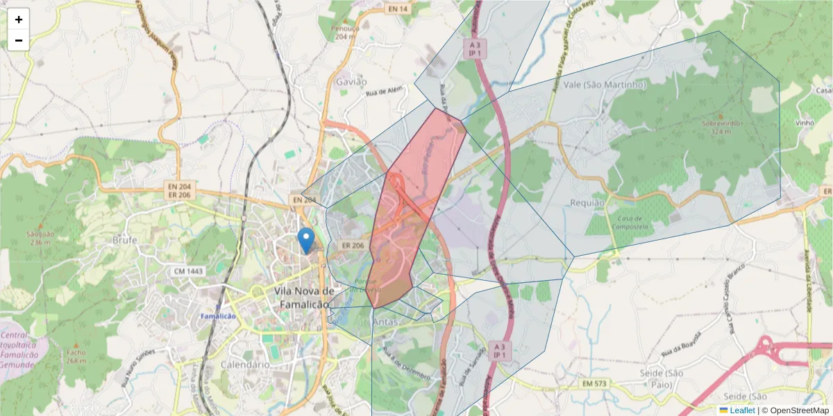 Mapa detalhado do código postal 4760-034 com limites, códigos postais vizinhos e agências dos correios