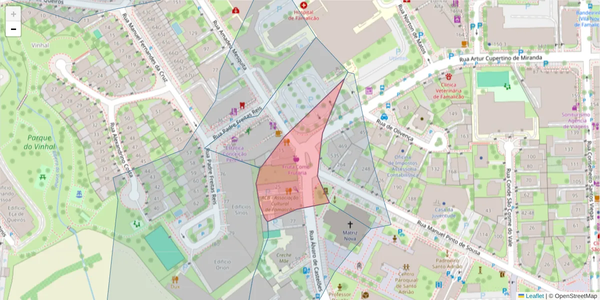 Mapa detalhado do código postal 4760-107 com limites, códigos postais vizinhos e agências dos correios