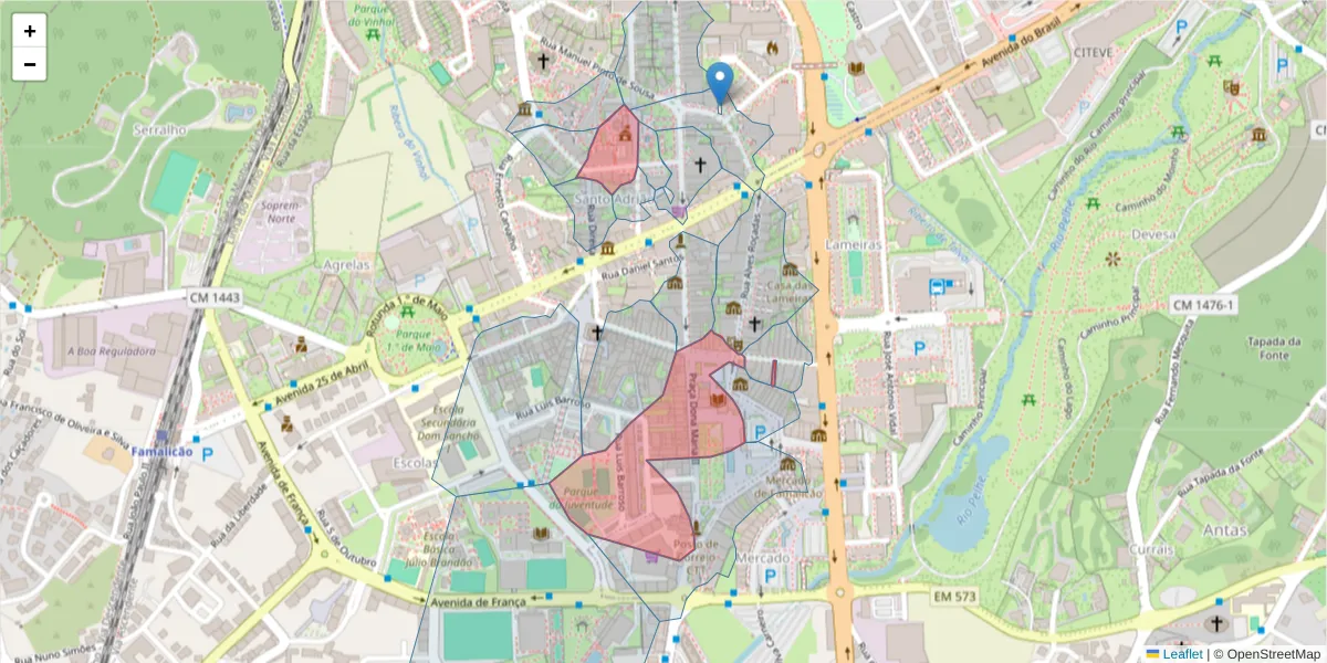 Mapa detalhado do código postal 4760-111 com limites, códigos postais vizinhos e agências dos correios