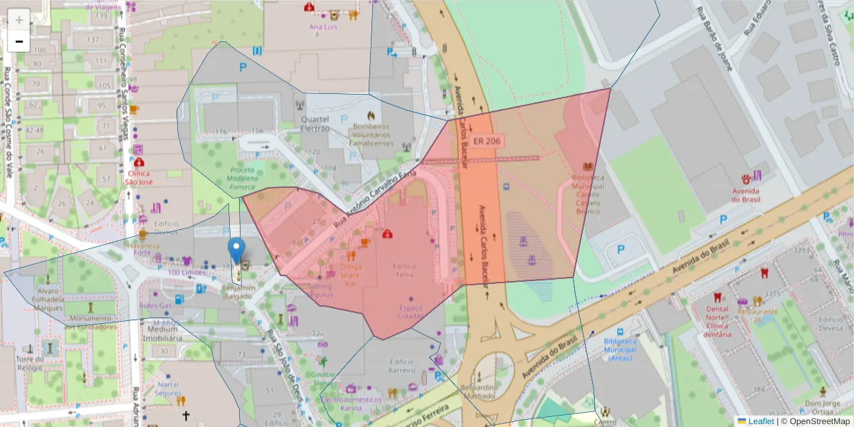 Mapa detalhado do código postal 4760-121 com limites, códigos postais vizinhos e agências dos correios