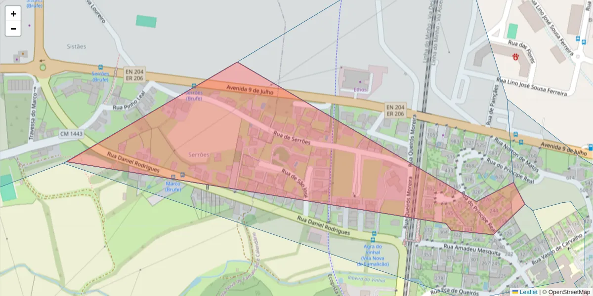 Mapa detalhado do código postal 4760-122 com limites, códigos postais vizinhos e agências dos correios