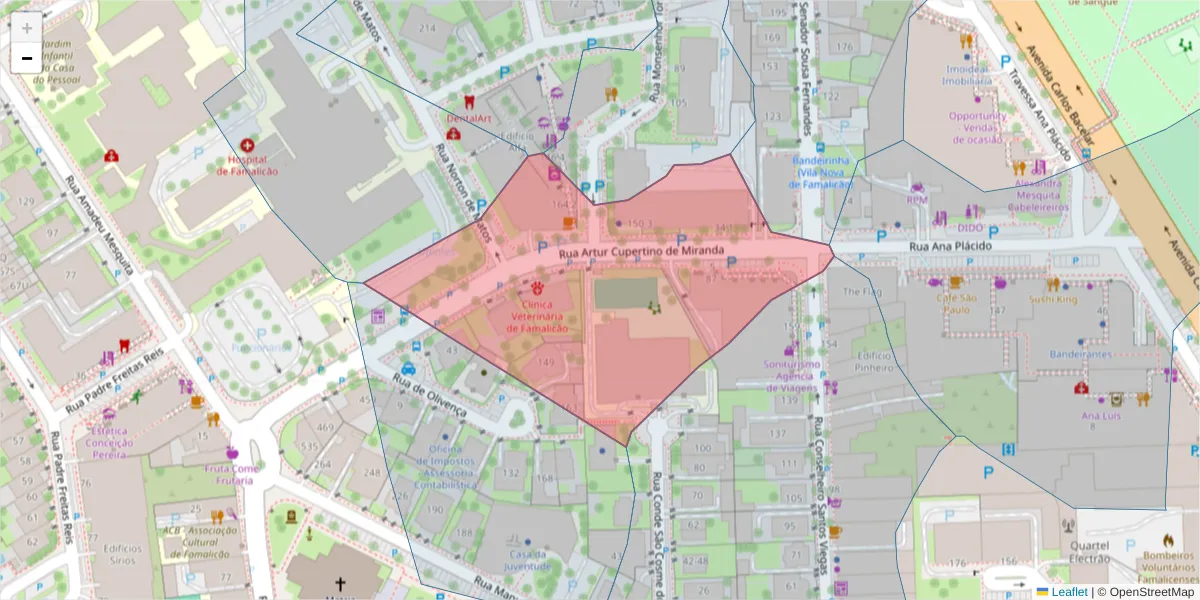 Mapa detalhado do código postal 4760-124 com limites, códigos postais vizinhos e agências dos correios